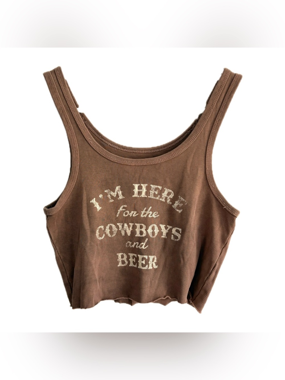 Full Tilt Brown Ribbed Graphic Crop Tank - I'm Here for the Cowboys and Beer